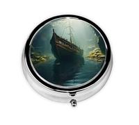 WZYWHJ Shipwreck at The Bottom of The Lake - Caja de almacenamiento circular impresa para medicamentos, portátil de viaje con compartimentos, mini dispensador de píldoras