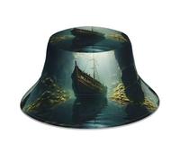 WZYWHJ Shipwreck at The Bottom of The Lake - Sombrero de pescador con estampado de barco reflectante de doble cara para viajes al aire libre, gorra de verano para la playa, color negro