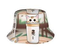 WZYWHJ Sombrero de pescador con forma de gato, con imagen de té con leche, a juego, suave al tacto, plegable y portátil, para viajes, color negro