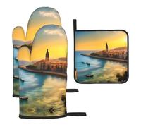 WZYWHJ Sunset in Barcelona - Juego de 3 manoplas para horno, tela gruesa, duradera e impermeable para protección contra el calor