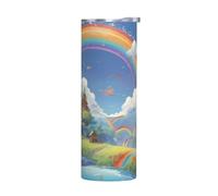 WZYWHJ Taza de acero inoxidable de 20 onzas, taza ecológica de calidad con tapa sellable y efecto aislante, sin accesorios, diseño de aldea bajo el arco iris