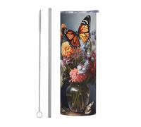 WZYWHJ Taza de acero inoxidable de 20 onzas, taza ecológica de calidad con tapa sellable y pajilla con efecto aislante, juego de dos piezas con estampado de mariposa en un ramo