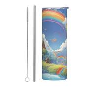 WZYWHJ Taza de acero inoxidable de 20 onzas, taza ecológica de calidad con tapa sellable y popote de efecto aislante, juego de dos piezas con estampado de aldea bajo el arco iris