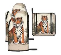 WZYWHJ Tiger Under The Pine Tree - Juego de guantes de horno y estante para ollas, 3 piezas, guantes de cocina largos gruesos