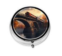 WZYWHJ Trains on The Bridge - Caja de medicina circular impresa, portátil de viaje con compartimentos, mini dispensador de píldoras