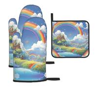 WZYWHJ Village Under The Rainbow - Juego de guantes de horno y estante para ollas, 3 piezas, guantes de cocina largos gruesos