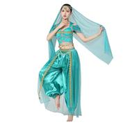 X-Institute Conjunto de disfraz de danza del vientre, pantalones Haroun con parte superior de moneda, velos, disfraz de Halloween, trajes de danza del vientre para fiesta de disfraces, trajes de danza