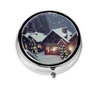 X-Mas - Pastillero redondo de metal con estampado de nieve con 3 compartimentos, organizador portátil de píldoras, bonito contenedor de píldoras para bolsillo, oficina, viajes