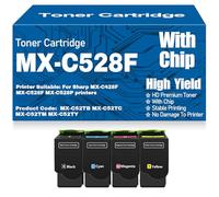 X psblty Alto Rendimiento MX-C428F MX-C528F Cartuchos de tóner Compatibles MX-C52TB MX-C52TC MX-C52TM MX-C52TY Tóner para Sharp MX-C428F MX-C528F MX-C528P Impresoras con Chip,4Pack-MX C528F