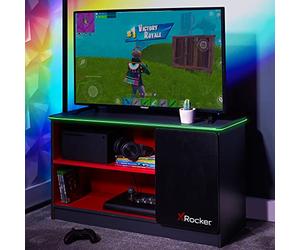 X-Rocker Carbon-Tek - Unidad de TV LED con 4 estantes, moderna, brillante, mate, MDF, mueble de salón, soporte multimedia, mueble con iluminación LED ajustable para iluminación ambiental, soporte para