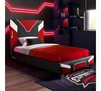 X-Rocker Cerberus - Cama para juegos, marco de cama individual de 91 cm, listones de madera, cabecero tapizado de piel sintética sintética, estribo bajo, ideal para adolescentes, niños, inspirado en