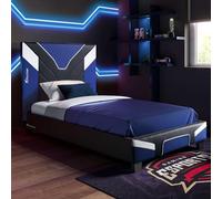 X-Rocker Cerberus - Cama para juegos, marco de cama individual de 91 cm, listones de madera, cabecero tapizado de piel sintética sintética, estribo bajo, ideal para adolescentes, niños, inspirado en