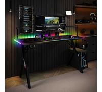 X-Rocker Lumio - Escritorio RGB XL para juegos de 140 x 60 cm, mesa grande para juegos para laptop, escritorio de oficina en casa, escritorio para juegos con efecto de fibra de carbono, con gancho