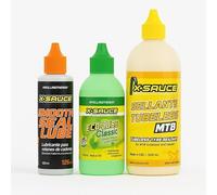 X-Sauce Pack MTB Mantenimiento Integral - Liquido Sellante Tubeless 500 ml + Lubricante de Cera 125 ml + Lubricante Suspensiones 30 ml - Kit Completo Cuidado Bicicleta de Montaña y E-Bike