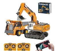X-Verse 1:64 Excavadora teledirigida y minicargadora teledirigida, mini excavadora RC y minicargadora con luz y efectos de sonido, vehículo de construcción teledirigido, regalo