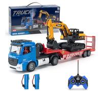 X-Verse Camión plano teledirigido de 2,4 GHz y excavadora de juguete, tractora RC con sonido y luces, adecuado para vehículos de construcción para niños, 3 baterías (azul)