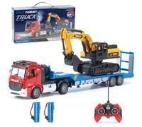 X-Verse Carro y excavadora controlados a distancia de 2,4 GHz, tractor de sillín RC con sonido e iluminación, adecuado para vehículos de construcción (3 baterías, rojo)