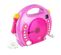 X4 TECH Bobby Joey - Reproductor de CD Infantil para Memoria USB, Tarjeta SD, MP3, CD y 2 micrófonos Karaoke, Incluye Pegatinas, Color Rosa