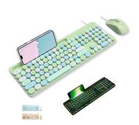 X9 - Combo de teclado y mouse con cable, bonito teclado retroiluminado con teclas redondas, 109 teclas silenciosas de tamaño completo con base para teléfono/tableta, teclado estético y colorido pastel