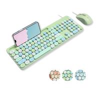 X9 - Combo de teclado y mouse con cable, bonito teclado retroiluminado con teclas redondas, 109 teclas silenciosas de tamaño completo con base para teléfono/tableta, teclado estético y colorido pastel