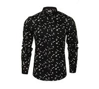 Xact Camisa para hombre con estampado de pájaros, 100 % algodón, ajuste delgado, manga larga, cuello abotonado, Negro, L