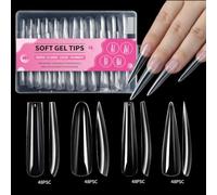 XAGMODSHN 192 unidades por caja de gel suave, puntas largas y completas, puntas transparentes a presión, bailarinas falsas para salones de belleza