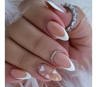 XAGMODSHN 24 uñas artificiales cortas de almendra brillante, diseño de corazón, punta francesa, accesorios de manicura para cualquier ocasión