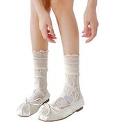 XAGMODSHN Calcetines para mujer, con volantes, de encaje, con volantes, princesas, tobilleras, de malla, transparentes, beige, Altoa única