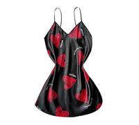 XAGMODSHN Camisón de seda de hielo para mujer, lencería con estampado de corazón, camisón corto, tirantes delgados, cuello en V, camisón para dormir, vestido elegante, Negro, XL