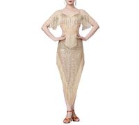 XAGMODSHN Vestido de baile latino con flecos para mujer, lentejuelas brillantes para fiesta, vientre latino, lentejuelas brillantes para fiesta