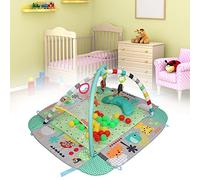 XANNI 2 en 1 Alfombra de Despertar para Bebé, Alfombra de Despertar y Juegos para Recién Nacido con Música y Luces, Arco de Juegos de Espuma, 30 Bolas Coloridas, Gran Gimnasio para Recién Nacido