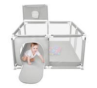 XANNI Parque Bebé 126 x 126 cm, Parque para bebé con malla transpirable y 50 bolas, con marco de béisbol y fútbol Hoop, centro de actividades para niños y bebés