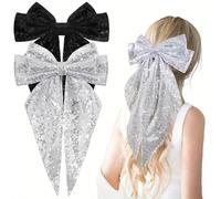Xansema 2 lazos grandes con purpurina para el cabello para mujeres y niñas, con lentejuelas grandes y largas, accesorios para el cabello (negro plateado)