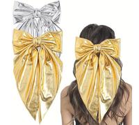 Xansema 2 lazos grandes para el pelo para mujeres y niñas, de piel sintética, grandes y largos, accesorios para el cabello (oro plateado)