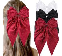 Xansema 3 lazos grandes para el cabello para mujeres y niñas, con diamantes de imitación, lazo largo grande, cinta para el pelo, accesorios para coleta (negro, blanco y rojo)