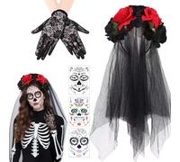 Xanthelle Halloween Diadema, Accesorios de Dia de los Muertos con Velo Negro, Guantes de Encaje y Tatuajes Faciales para Fiesta de Disfraces de Damas