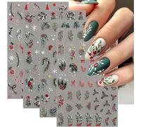 Xanthelle Pegatinas de Uñas Navidad, 4 Hojas 5D Decoración Navideña Pegatinas de Uñas, Pegatinas de Uñas Invierno Autoadhesivas, Suministros para Arte de Uñas Árbol de Navidad Copo de Nieve