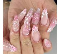 Xanthelle Press On Nails, 24 Uñas Postizas Adhesivas, Almendra Mediana, Uñas Falsas con Flor 3D, Punta Francesa, Cuentas Doradas & Strass de Mariposa, Arte de Uñas para Verano