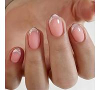 Xanthelle Press on Nails, Uñas postizas cortas en forma de almendra nude con diseño francés con brillo, Set de uñas artificiales para verano, Uñas postizas DoNails Tips para mujer