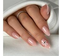 Xanthelle Press on Nails, uñas postizas cortas y para pegar, uñas falsas de gel suave color nude rosa con diseño de lazo 3D, brillante, ajuste natural, 30 piezas