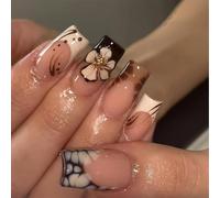 Xanthelle Uñas Postizas, 24 Piezas Uñas Cuadradas de Tamaño Medio & Diseño Floral Acrílico para Pegar, Uñas Adheribles Francesas con Leopardo para Mujeres