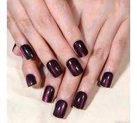 Xanthelle Uñas Postizas, Ojo de Gato Morado Oscuro Corto, Uñas Cuadradas Pequeñas para Mujeres, Uñas de Arte Cromado Holográfico, Uñas Postizas de Gel Suave Reutilizables
