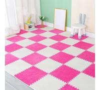 XAoSCd 200 Piezas De Losetas De Alfombra Entrelazadas, Tapete De Espuma Espesa con Borde, Pisos Protectores, Alfombras Suaves para El Hogar, 30 X 30 Cm (Rojo Rosa + Beige 0,23 Pulgadas)
