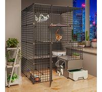 XAoSCd Jaulas para Gatos De Interior, Perreras para Gatos De Interior con Caja De Arena, Jaulas para Animales Pequeños Ensambladas De Bricolaje con 2 Puertas para Mascotas, IDE,White-111 * 95 * 145cm