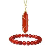 XAoSCd Juego De Joyas De Ágata Roja Para Mujeres Y Hombres, Collar Con Colgante, Anillo, Pendientes, Pulsera, Regalo De Piedras Preciosas De Cornalina Natural (2 Piezas Cc)