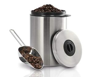 Xavax | Bote hermético para café con Cuchara (Lata para café con Cierre hermético Giratorio, Capacidad de 1kg, Tarro Resistente a la luz y a la Humedad, Protege el Aroma, Acero Inoxidable) Gris