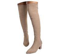 Xbemkste Botas por encima de la rodilla para mujer con tacón, elegantes, botas largas hasta la rodilla, botas altas de ante, tacón cuadrado, botas elásticas, botas de invierno fáciles de poner, beige