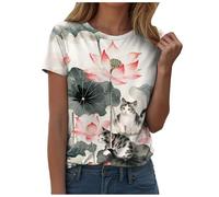 Xbemkste Camiseta de manga corta para mujer, diseño de gato, cuello redondo, camiseta divertida para mujer, gris, L