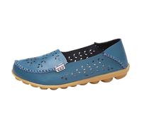 Xbemkste Mocasines para mujer de cuero hueco zapatos casuales un deslizamiento en transpirable pequeños zapatos blancos zapatos zapatos mujer mocasines, azul, 38.5 EU