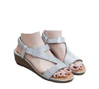 Xbemkste Sandalias de cuña para mujer, bohemias, de verano, con diamantes de imitación, para mujer, tacón de cuña, sandalias de playa con correa ajustable, Ub Silver, 37.5 EU